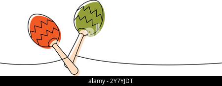 Holz Maracas eine Linie farbige, durchgehende Zeichnung. Mexikanische Musikinstrumente. Lineare Vektordarstellung. Stock Vektor