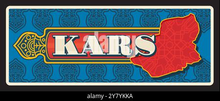 Kars Türkei Provinz türkische Retro-Reiseplatte, Vintage-Plakette. Vektorkarte der türkischen Region, arabeske Ornamente und Territorialkarte. Kars District Municipal Retro Blech Stock Vektor