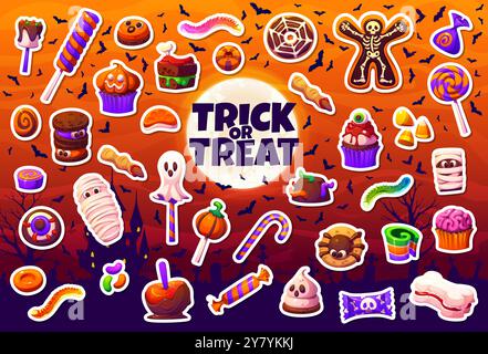 Kinder Halloween Weihnachten Süßigkeiten und Desserts Aufkleber Pack. Vektorset mit Süßigkeiten, Cupcakes und gruseligen Leckereien. Cartoon-Konfekt-Patches zum Dekorieren von halloween-Partyeinladungen, Geschenktüten oder Basteln Stock Vektor