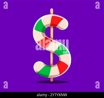 Dollarzeichen im Zuckerrohr-Stil, Weihnachtsschrift, Weihnachtsschrift, Zeichentrickfilm, Weihnachtsfeiertag, festliches Schriftzeichen mit roten, grünen und weißen Streifen. Vektor festliche, spielerische Finanzglyphe Stock Vektor