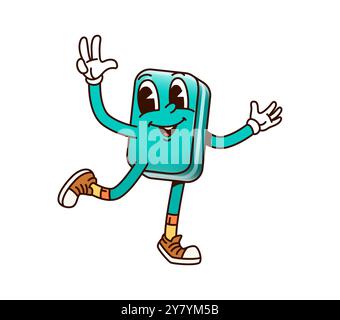 Schulpädagogik Radiergummi grooviger Charakter. Isoliertes Comic-Vektor-Radiergummi-Werkzeug mit fröhlichem Lächeln und Friedensgeste. Schule oder Büro Gummi, pädagogische Schreibwaren Retro-Persönlichkeit, die flippige Vibes weckt Stock Vektor