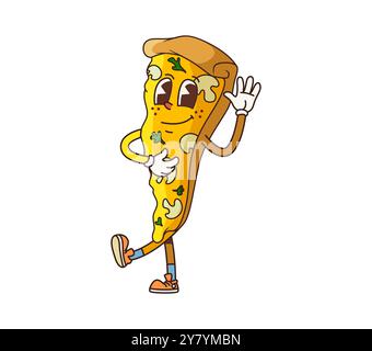 Groovige Fast-Food-Pizzascheiben. Isolierte Cartoon Vektor-Fastfood-Persönlichkeit mit Pilz- und Grün-Topping, freundlichem Lächeln und funky Käsetropfen, mit der Hand winkend, bringt Spaß auf die Party Stock Vektor