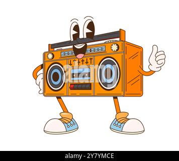 Cartoon Retro-Bandrecorder mit klassischem Design und Tasten, Zifferblättern und Lautsprechern. Isolierte Vektor-Vintage-Boombox-Persönlichkeit in Sneakers und Handschuhen, Lächeln und blinkenden Daumen nach oben Stock Vektor