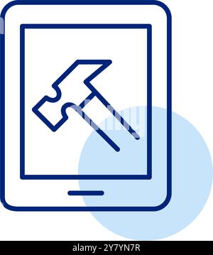 Hammersymbol auf elektronischem Tablet. Reparaturen an Computern und tragbaren Geräten und Hardwareentwicklung. Pixelperfektes, bearbeitbares Konturvektorsymbol Stock Vektor