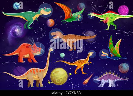 Lustige Dinosaurier-Astronauten im Weltraum, prähistorische Cartoon-Echsen mit Galaxienplaneten, Vektorfiguren. T-rex-Raumfahrer im Astronauten-Blasenhelm mit Raptor und Dino-Eidechsen im Galaxienhimmel mit Sternen Stock Vektor