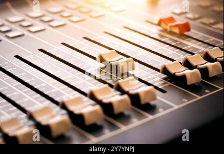 Music Mixer Desk – Zusammenfassung der professionellen Mischplatine für Audioaufnahmen. Eine Reihe von Bedienelementen für die Konsolenfader zur Einstellung der Lautstärke mehrerer Audioeingänge. Stockfoto