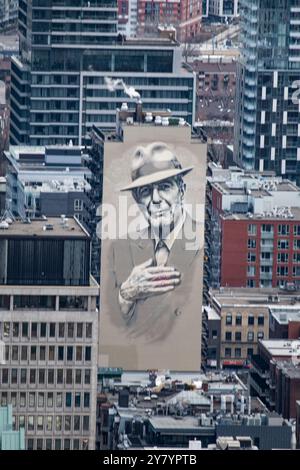 Porträt von Leonard Cohen in der Crescent Street in der Innenstadt von Montreal, Quebec, Kanada Stockfoto