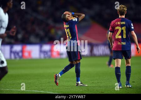 Oktober 01,2024 Raphina (11) des FC Barcelona reagiert beim Spiel der UEFA Champions League 2024/25 Phase MD4 zwischen dem FC Barcelona und den BSC Young Boys im Olimpic-Stadion Lluis Companys aus Montjuic in Barcelona. Stockfoto