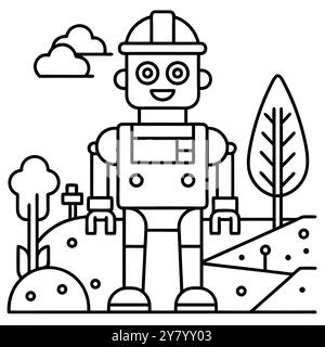 Der niedliche Roboter, der einen Bauhelm trägt, steht in einer einfachen Outdoor-Szene mit Bäumen und Wolken. Perfekt für Kinderbücher. Websites. Und Apps. Stock Vektor