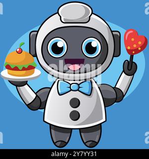 Niedlicher Cartoon-Roboter, der eine Bowtie trägt und einen Burger und herzförmige Süßigkeiten hält. Perfekt für Kinderbücher. Websites. Und mobile Apps. Stock Vektor