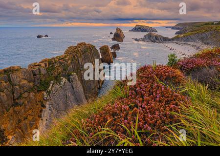 Ein Sonnenaufgang an den Urros de Liencres Felsformationen mit Blick auf Playa de la Arnía, besser bekannt als Arnía, ein Strand im Naturpark der Stockfoto