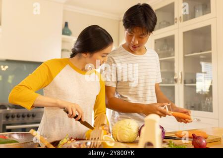 Gemeinsam Gemüse zubereiten, junge asiatische Brüder und Schwestern kochen in moderner Küche Stockfoto