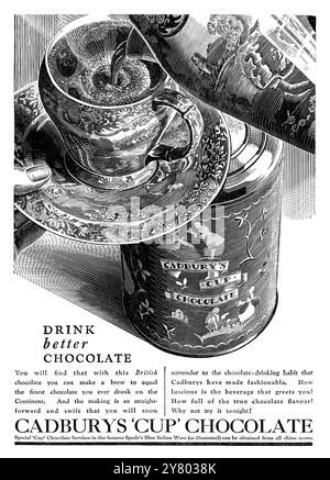 1932 britische Lebensmittelwerbung für Cadbury's „Cup“ Chocolate Cocoa. Stockfoto