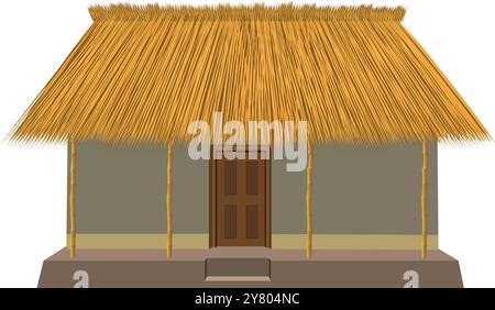 Indische Hütte mit Strohdach und Lehm-Wandhaus im Cartoon-Stil isoliert auf weißem Hintergrund. Stock Vektor