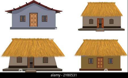 Afrikanischer Stil traditionelle Cottage House Sammlung, Dorfhütte mit reetgedecktem Dach Vektor Illustration Stock Vektor