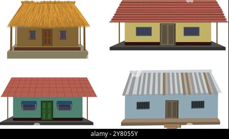 Mud House Icons setzen Zeichentrickvektor. Landhaus aus Lehm. Afrikanische Hütte mit Strohdach isoliert auf weißem Hintergrund. Asiatische rual House Set Symbole Stock Vektor
