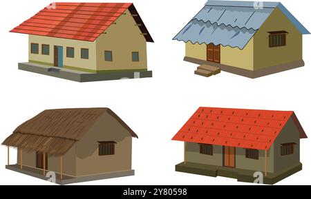 Set von asiatischen Hütten flache Stil Vektor Illustration. Ländliches Dorfhaus mit Strohdach, Hütte mit Ziegeldach, Sammlung von Haussymbolen Stock Vektor