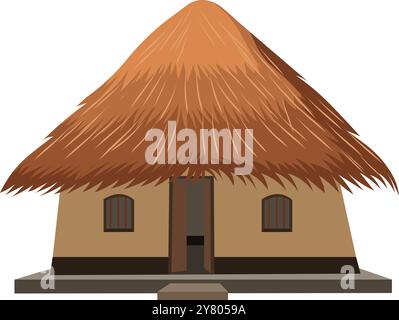 Dorfhaus Ikone, Cartoon Stil Stock Vektor Illustration von Bauernhaus, afrikanischen ländlichen Dorf Hütte Schlamm Lehm Wand und Strohstroh Strohreetdach Stock Vektor