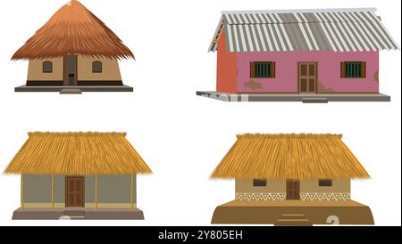 Haus Icons Set, ländliche und einfache Hütte Front Icon Sammlung isolierte Vektor Illustration. Indisches Dorf Cottage Sammlung Stock Vektor