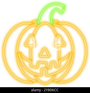 Leuchtender Neon-Kürbis für Halloween, strahlend in einem leuchtenden gelben Farbton. Dieses auffällige Designelement verleiht der Halloween-Deko einen festlichen und gruseligen Touch Stock Vektor