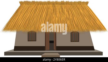 Kleine Dorfhütte mit Strohdach, flache Vektorillustration isoliert auf weißem Hintergrund. Indische Hütte oder armes Dorfhaus, ethnische traditionelle Hütte Stock Vektor