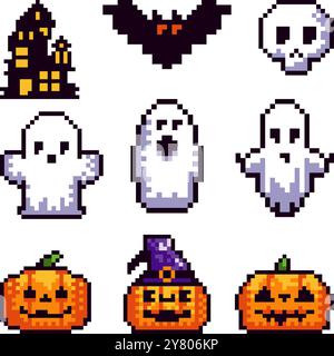 Sammlung von Pixelkunstsymbolen für Halloween. Drei Kürbisse, drei Geister und eine Fledermaus, alles in Retro-Pixel-Kunst-Ästhetik. Diese Symbole sind Stock Vektor