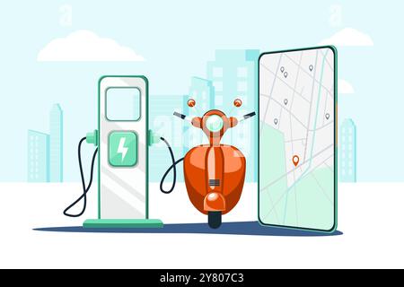 Elektrischer roter Roller und Ladestation, Smartphone, Stadthäuser in der Ferne, städtischer Hintergrund. Roller laden und teilen Service Stock Vektor