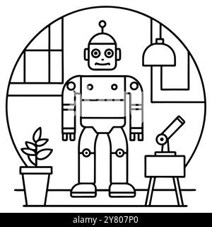 Niedliche Stylenkunst-Illustration eines Roboters in einem Raum mit einer Pflanze. Eine Lampe. Und ein Teleskop. Perfekt für Schulungsmaterialien. Kinderbücher. Und Website Stock Vektor