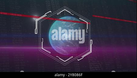 Bild des sechseckigen Scannerrahmens über dem Globus im Raum Stockfoto