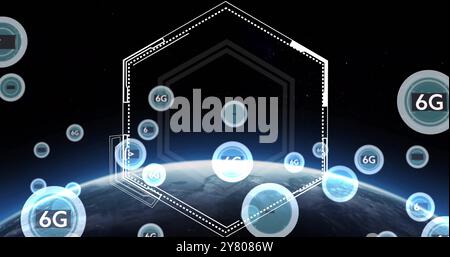 Bild: Sechseckiger Scannerrahmen und 6 g-Symbole über der Kugel, die sich im Raum dreht Stockfoto