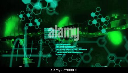 Bild der chemischen Formel und Datenverarbeitung über Kette auf schwarzem Hintergrund Stockfoto