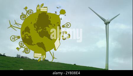 Bild des Planeten Erde mit Energie- und Ökosymbolen über der Windturbine am bewölkten Himmel Stockfoto