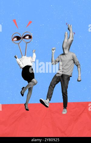Trend Artwork Composite Skizze Bild Collage von Arbeitsbereich Party junger kopflosen Mann Geste Hand Hallo Dame Scherenaugen Greifen Tanz Datum Stockfoto