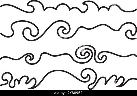 Handgezeichneter Unterstrich, kreiselte, wellige Kritzelei. Sammlung von Pinselmarkierungen. Kann als Texttrennzeichen verwendet werden. Stock Vektor