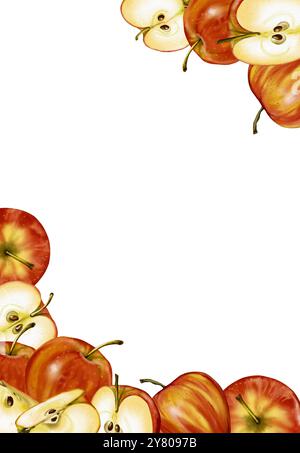 Apple-Rahmen. Äpfel und ein Viertel Apfel. Rote Früchte. Aquarellabbildung Stockfoto