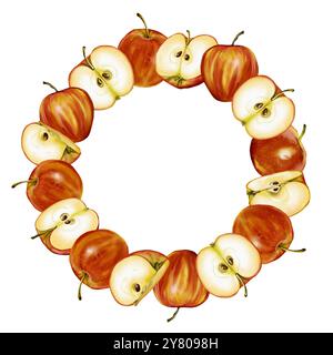 Rahmen mit Äpfeln. Aquarellabbildung. Die Frucht ist rot Stockfoto