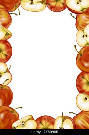 Rahmen mit Äpfeln. . Aquarellabbildung. Ganze, halbierte und geviertelte Äpfel. Die Frucht ist rot Stockfoto