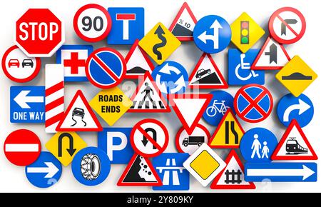 Sammeln Sie Straßenschilder auf weißem Untergrund, Verkehrsgesetze und -Vorschriften 3D-Hintergrund Stockfoto