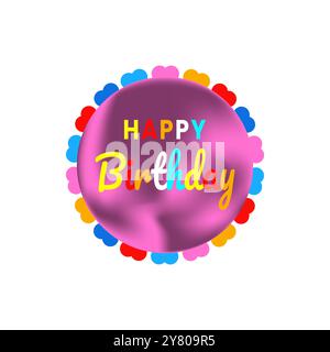 Dekoratives Geburtstagsvektor-Design. Happy Birthday Text mit farbenfrohen Herzen rund kreisförmigen Rahmen zum Feiern oder Wünschen in verschiedenen Farben Stock Vektor