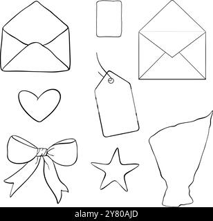 Kunstvoll gestaltete handgezeichnete Symbole mit Geschenken und Grüßen für verschiedene Anlässe Stock Vektor