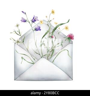 Offener Umschlag mit Sommerwiesen-Blumen. Aquarell rosa Klee und blaues Blauschell. Handgezeichnete Illustration isolierter Hintergrund. Weiß und gelb Stockfoto