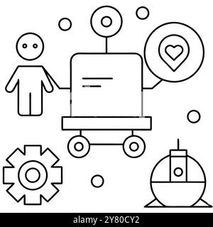 Eine einfache Strichgrafik-Illustration, die einen KI-Roboter mit einem Herzsymbol darstellt. Die mitfühlende und menschlich zentrierte Technologie repräsentieren. Stock Vektor