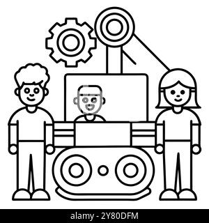 Eine einfache Strichgrafik-Illustration, die einen Roboter mit zwei Menschenfiguren zeigt, die auf beiden Seiten stehen. Der Roboter verfügt über ein Zahnrad und ein Zielsymbol. Repräsentieren Stock Vektor