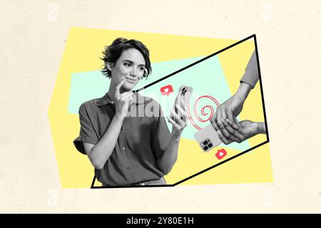 Bild-Retro-Collage von hübsch hübsch traumhaft schöne Freundin, die schreibt, sms an Freund schickt Stockfoto