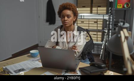 Fokussierte afroamerikanische Detektivin, die an ihrem Schreibtisch mit Laptop in einer Polizeiwache arbeitet. Stockfoto