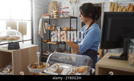 Frau, die in einer Bäckerei mit Mobiltelefon arbeitet, umgeben von verschiedenen Backwaren und Brot in einer gemütlichen Inneneinrichtung. Stockfoto