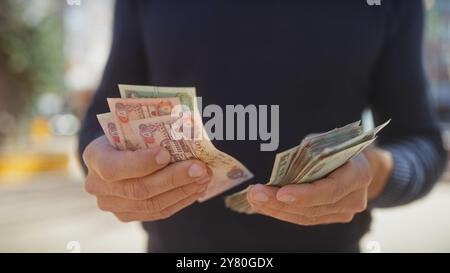 Ein Mann mittleren Alters in Freizeitkleidung zählt Dirham in den vereinigten arabischen emiraten draußen in einer sonnigen Umgebung. Stockfoto