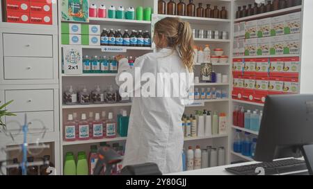 Rückansicht einer jungen blonden Apothekerin, die in einem modernen Drogeriemarkt nach Medizin greift Stockfoto