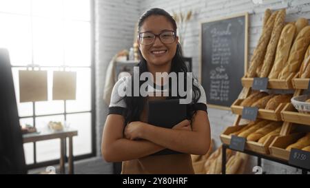 Junge, schöne, asiatische Frau, die in einer Bäckerei steht, lächelt und eine Tafel hält, umgeben von frischen Brotlaiben auf Holzregalen, die ein warmes A ausstrahlen Stockfoto