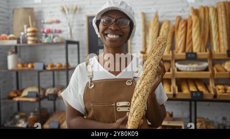 Bäckerin lächelte mit Baguette in der Bäckerei, gefüllt mit verschiedenen Broten und Gebäck, während sie Schürze und Kappe in einem Innengeschäft trug Stockfoto